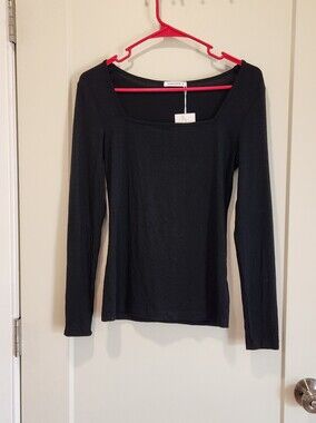MangoPOP Black Square Neck Long Sleeve Top NWT Size S